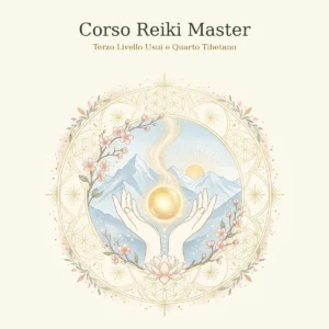 Due mani aperte con una sfera di luce dorata davanti a montagne innevate e a un loto, tra rami di ciliegio, dentro un mandala: Corso Reiki Master