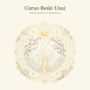 Due mani aperte con un flusso di luce dorata tra rami di ciliegio in fiore, dentro un mandala: Corso Reiki Usui, Primo Livello