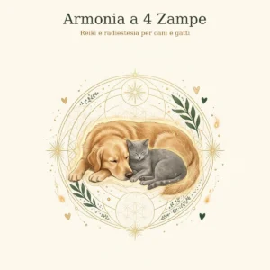Cane golden retriever e gatto grigio che riposano abbracciati in un cerchio di luce dorata: Armonia a 4 Zampe, Reiki e radiestesia per animali