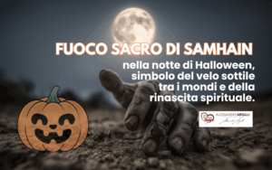 Fuoco sacro di Samhain nella notte di Halloween, simbolo del velo sottile tra i mondi e della rinascita spirituale.