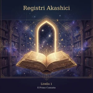 Libro antico aperto in una biblioteca cosmica con un portale di luce dorata: Registri Akashici, Livello 1, il Primo Contatto