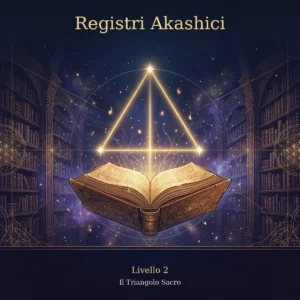 Libro antico aperto in una biblioteca cosmica con un triangolo di luce dorata: Registri Akashici, Livello 2, il Triangolo Sacro