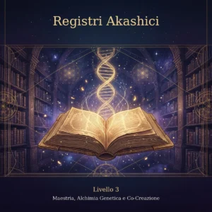 Libro antico aperto in una biblioteca cosmica con una doppia elica di luce dorata: Registri Akashici, Livello 3