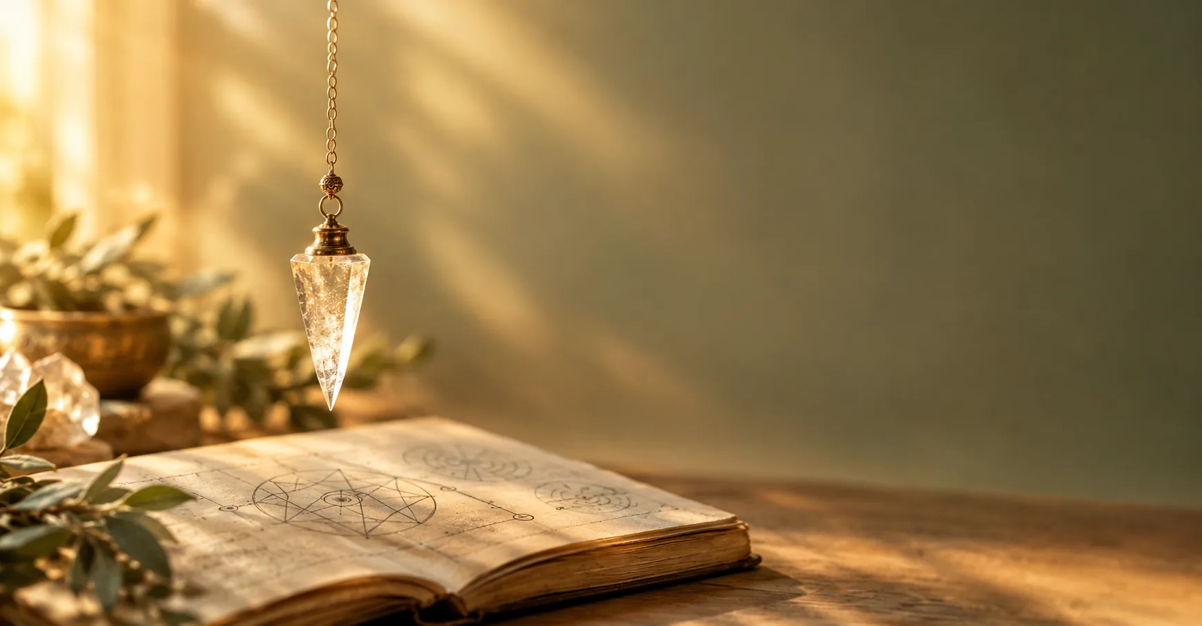Pendolo di cristallo sospeso sopra un libro antico con diagrammi geometrici