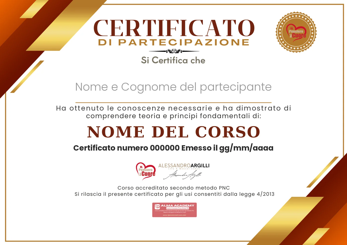 Esempio di attestato di partecipazione rilasciato da Alma Academy
