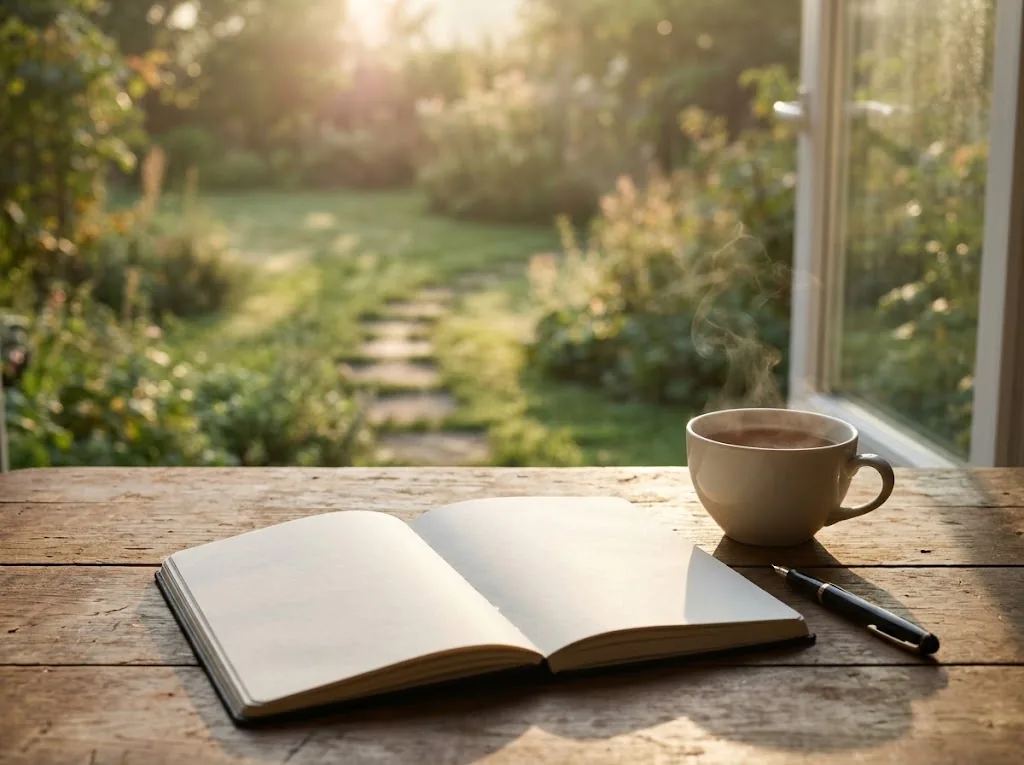 Quaderno aperto e una tazza fumante davanti a un giardino all’alba