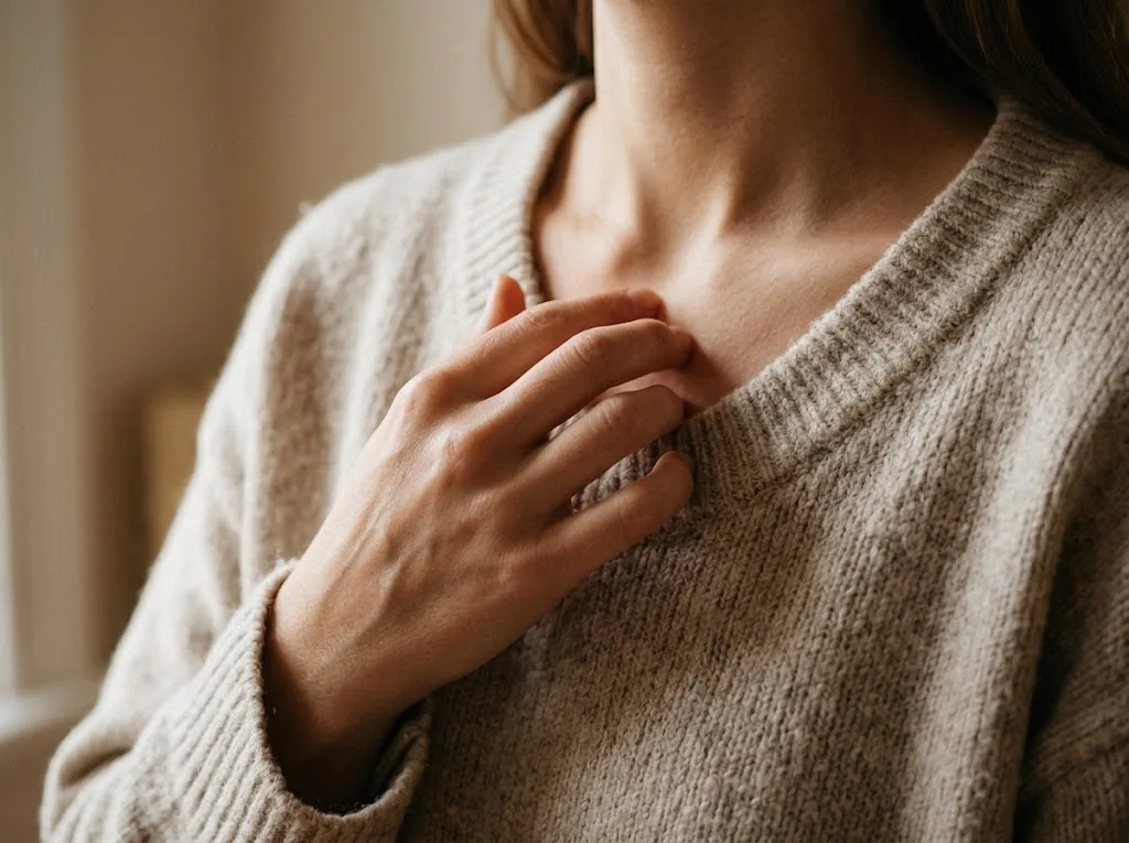 Mano appoggiata vicino alla clavicola, con un maglione color crema