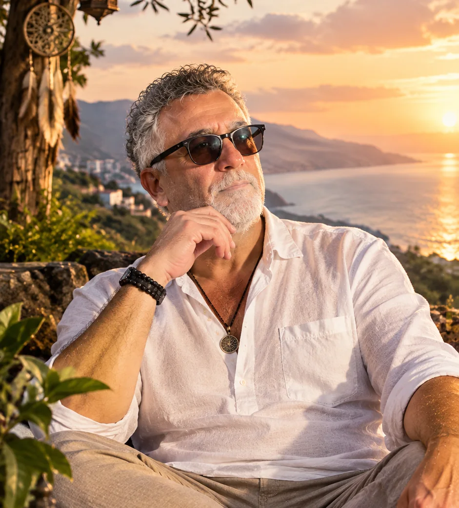 Alessandro Argilli seduto davanti al mare al tramonto