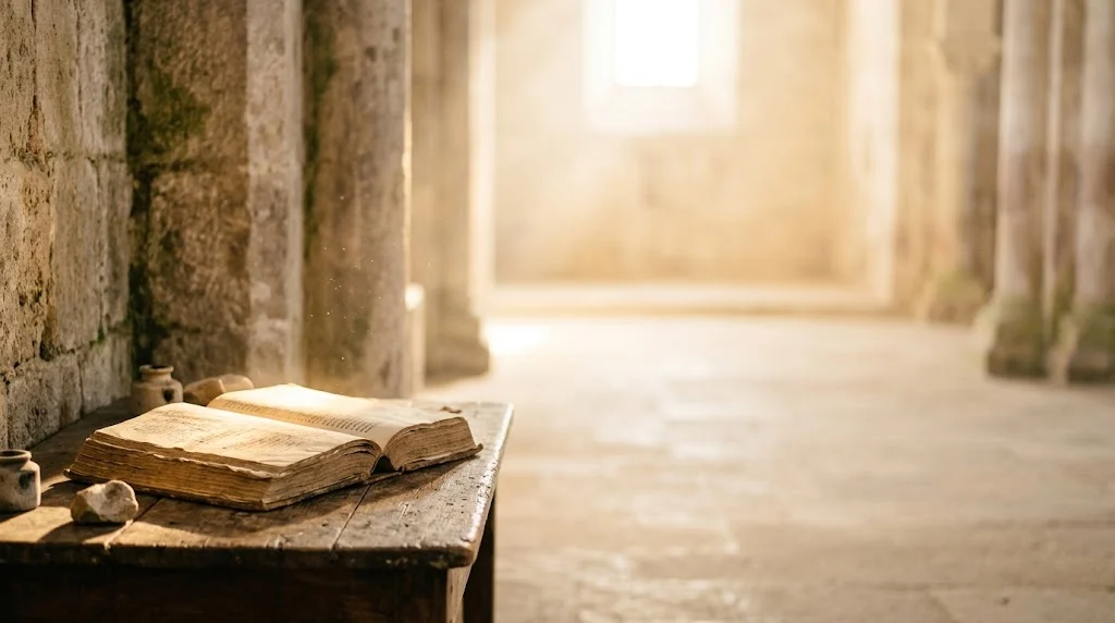 Un antico libro aperto su un tavolo di legno in un tempio di pietra, con una luce dorata che entra dal fondo