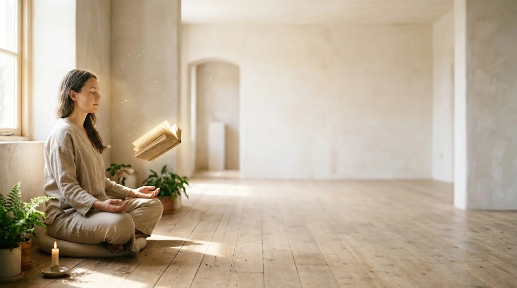 Persona seduta in meditazione con un libro che fluttua nella luce