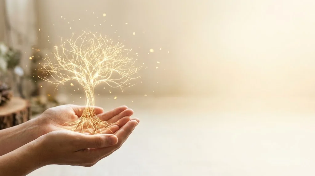Mani aperte da cui nascono fili di luce che formano un albero luminoso