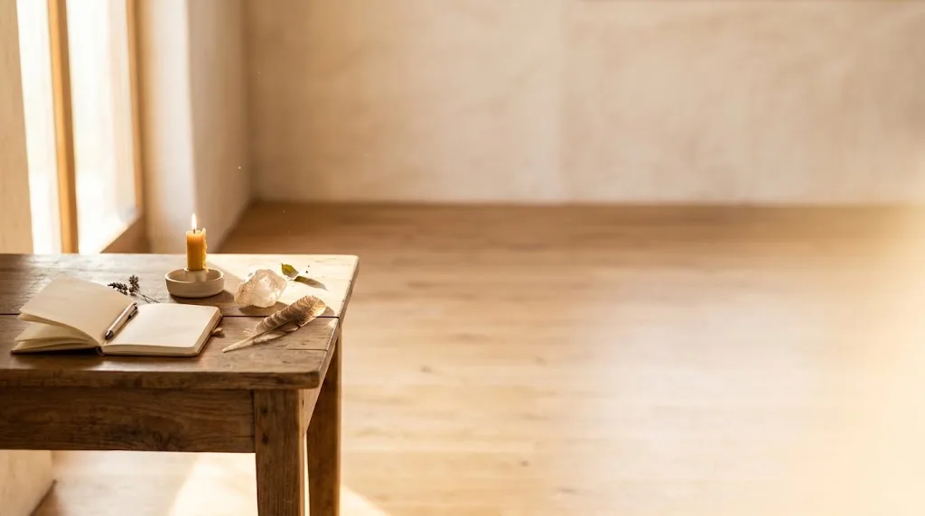 Tavolo di legno con un quaderno aperto, una candela, un cristallo e una piuma nella luce calda del mattino