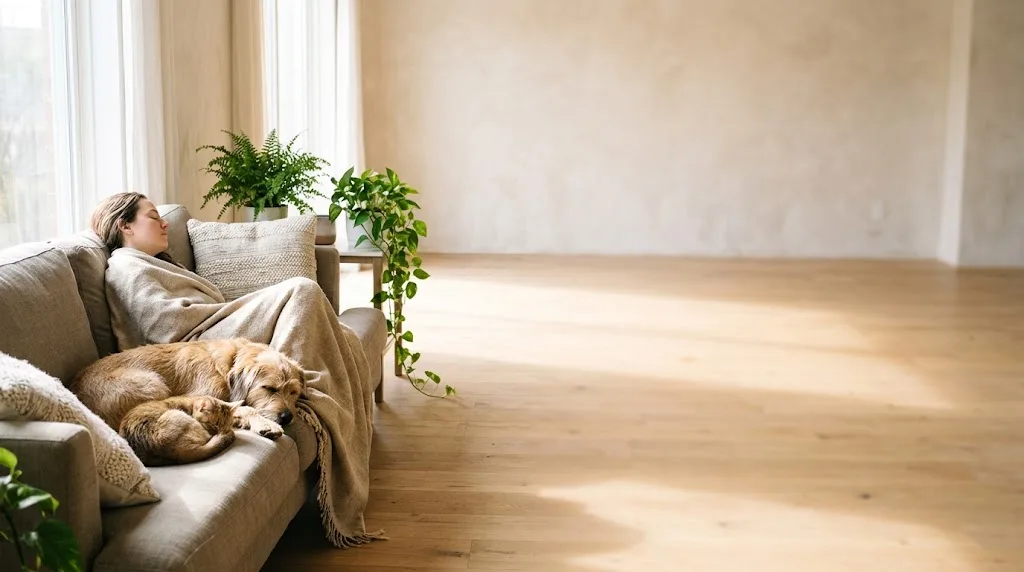 Un cane e un gatto che riposano sereni accanto a una persona in un salotto luminoso