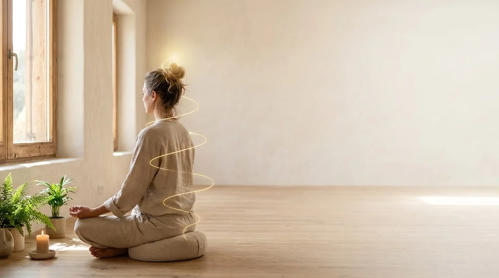 Persona seduta in meditazione con una spirale di luce dorata che sale lungo la colonna