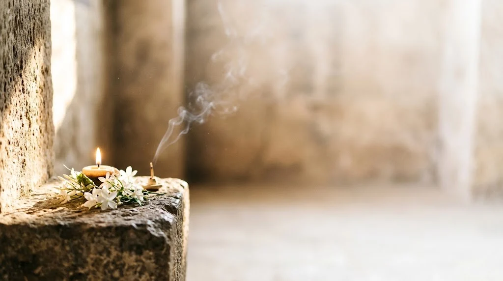 Una fiamma sacra accesa su un piccolo altare di pietra con fiori e incenso, nella luce del mattino