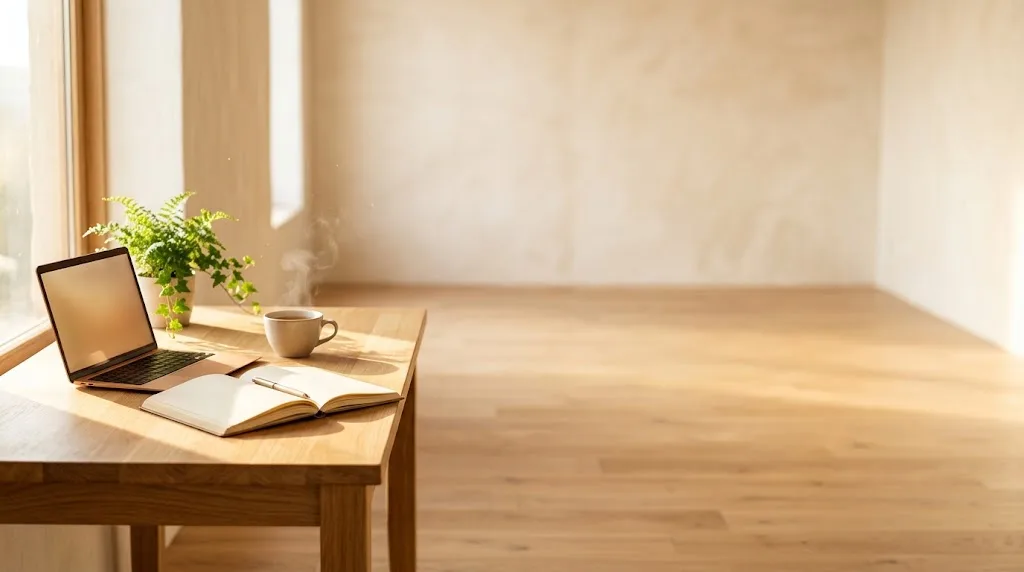 Scrivania luminosa con un portatile, un quaderno e una tazza di tè, con la luce del mattino dalla finestra