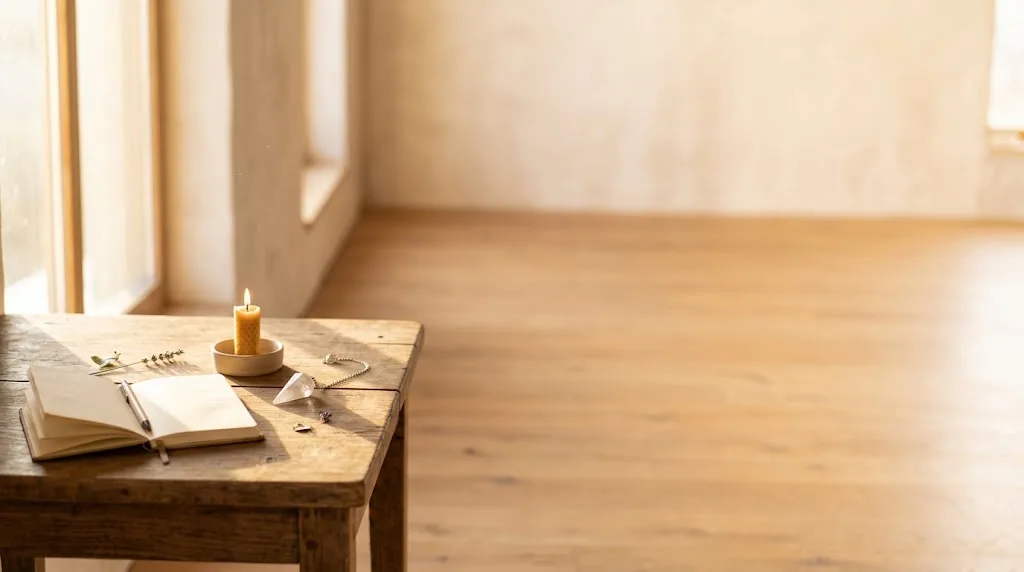 Tavolo di legno con un pendolo di cristallo, una candela accesa e un quaderno nella luce dorata del mattino