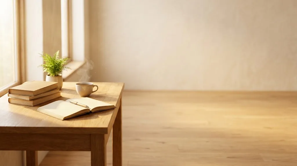 Scrivania luminosa con libri, un quaderno aperto e una tazza di tè nella luce del mattino